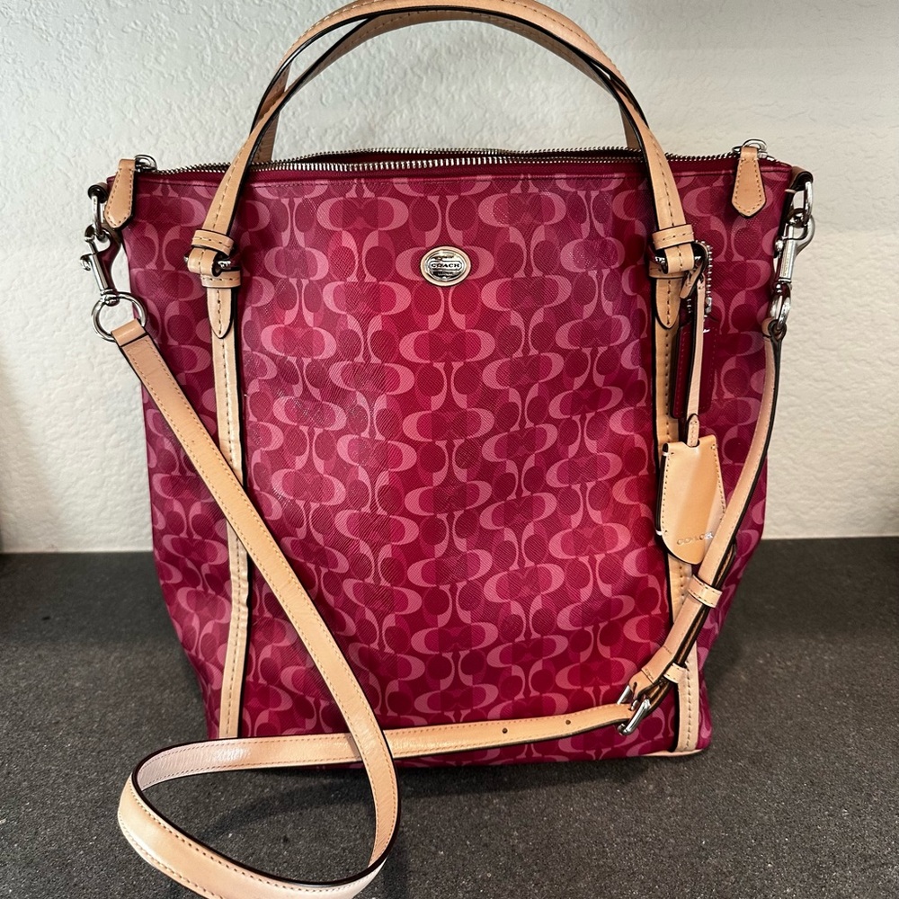 Coach Burgundy and Tan Signature Tote